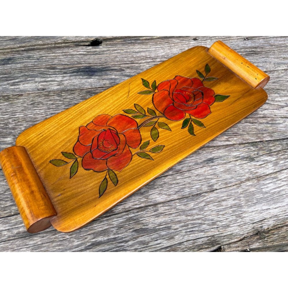 Vintage Wood Bread Serving Tray Carved Red Roses